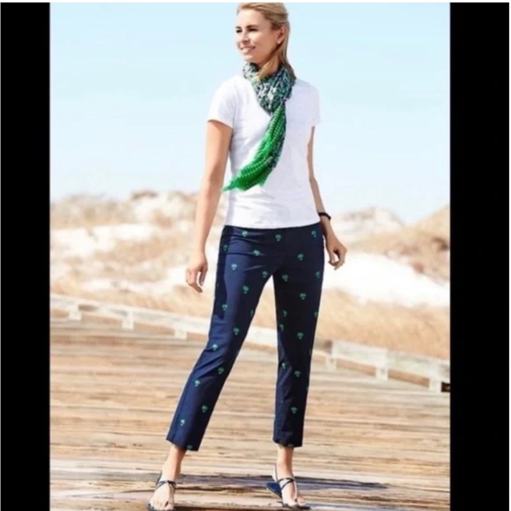 Talbots signature navy pants with green embroidered palm trees
